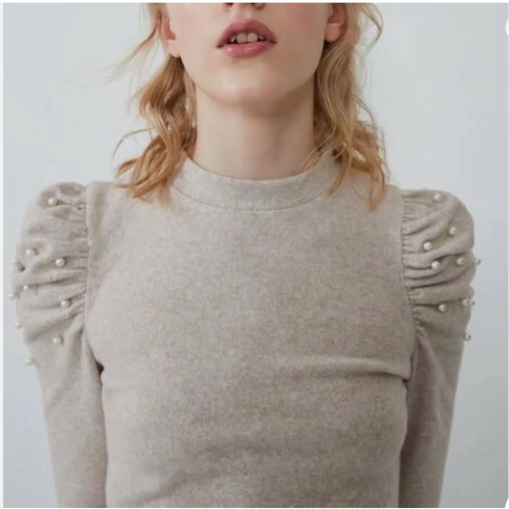 Zara Sz S Soft-Touch Beige Pearl Embellished Sweatshirt Puff Sleeves
